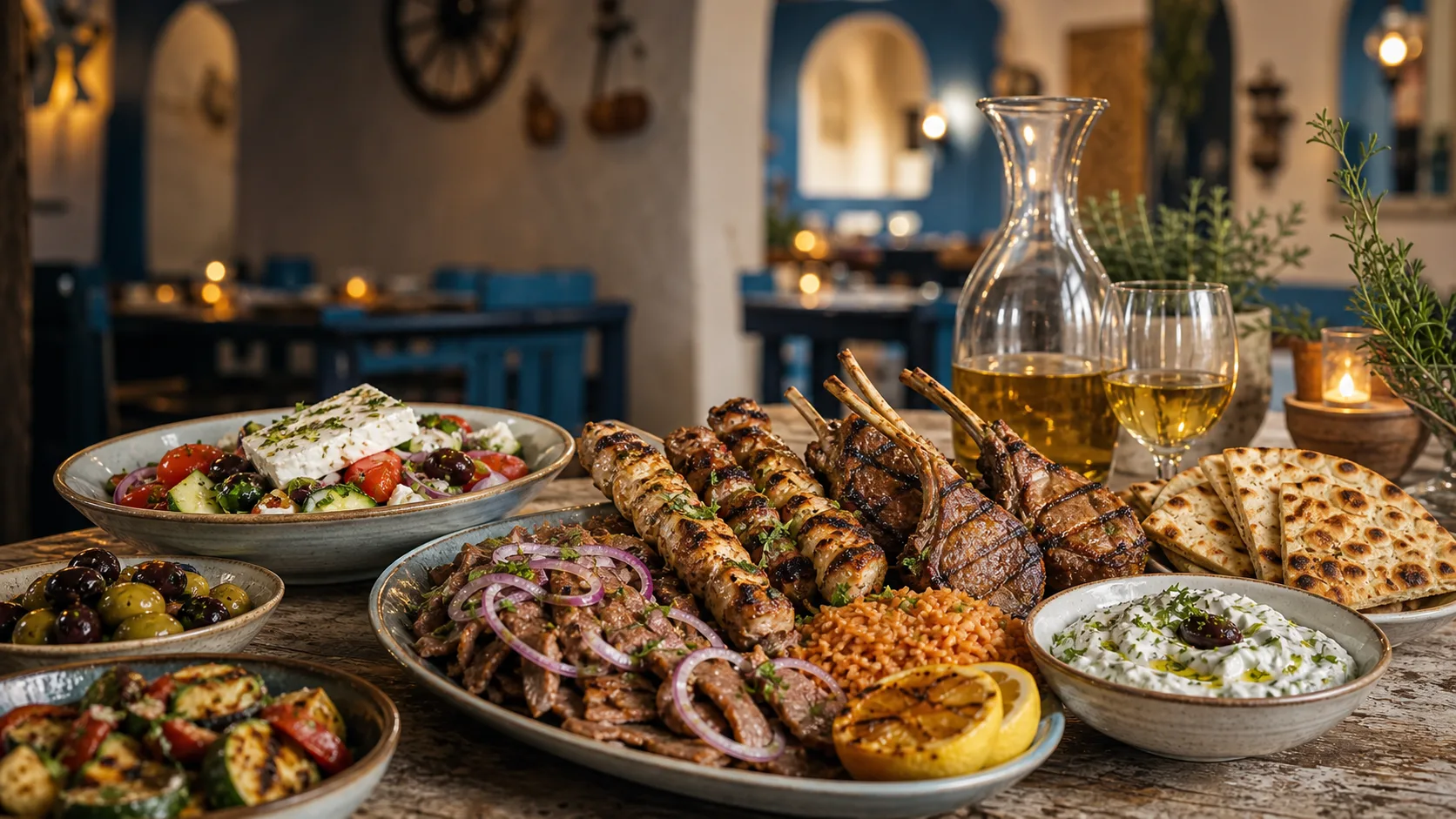 Griechischer Abend mit Grillplatte, Kerzenlicht und mediterranen Speisen